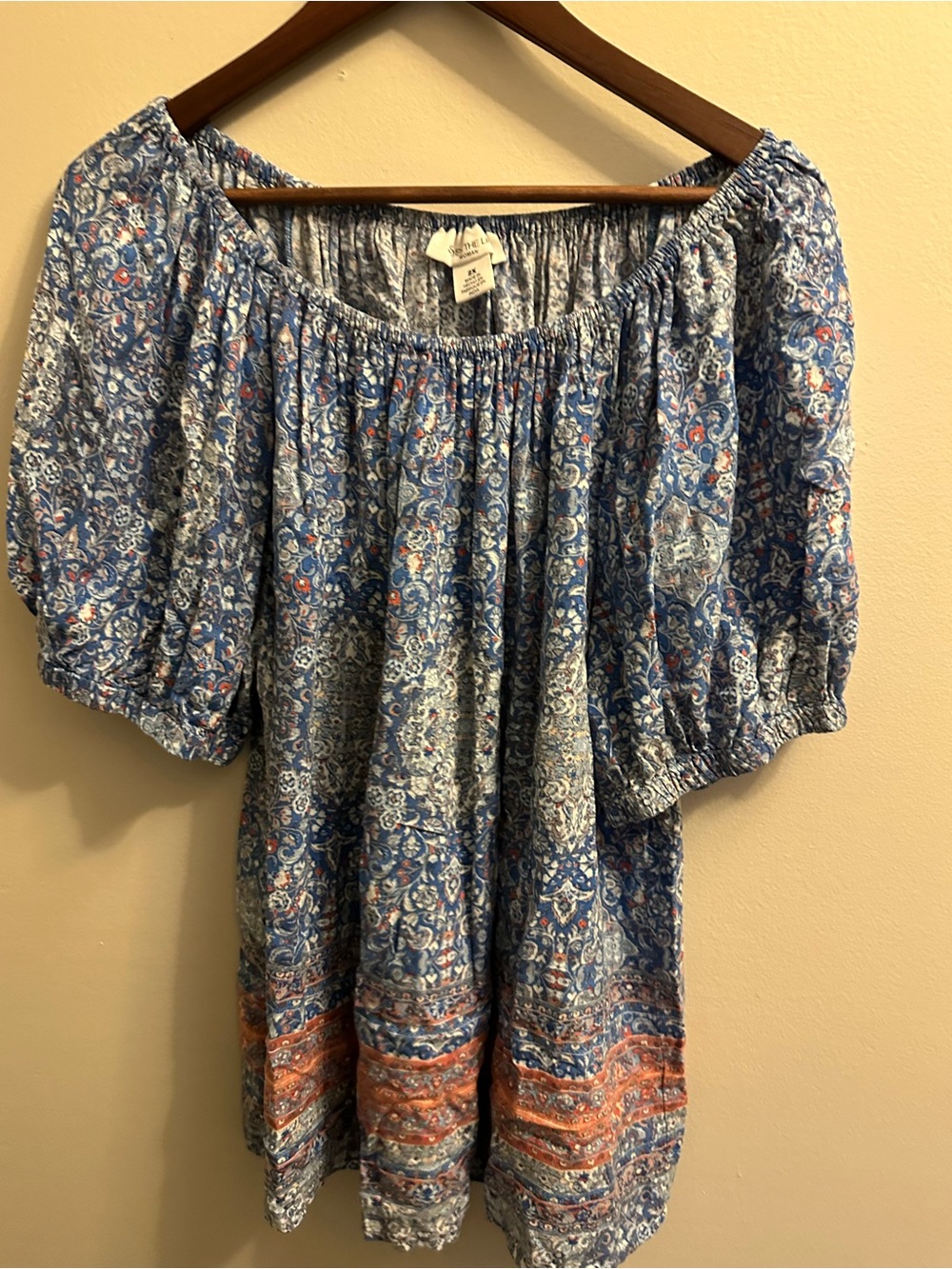 Boho Off-Shoulder Peasant Top in Blue and Orange